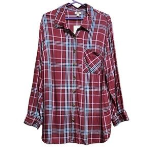 Love Fire Burgundy Blue Plaid Long Sleeved Blouse 1X